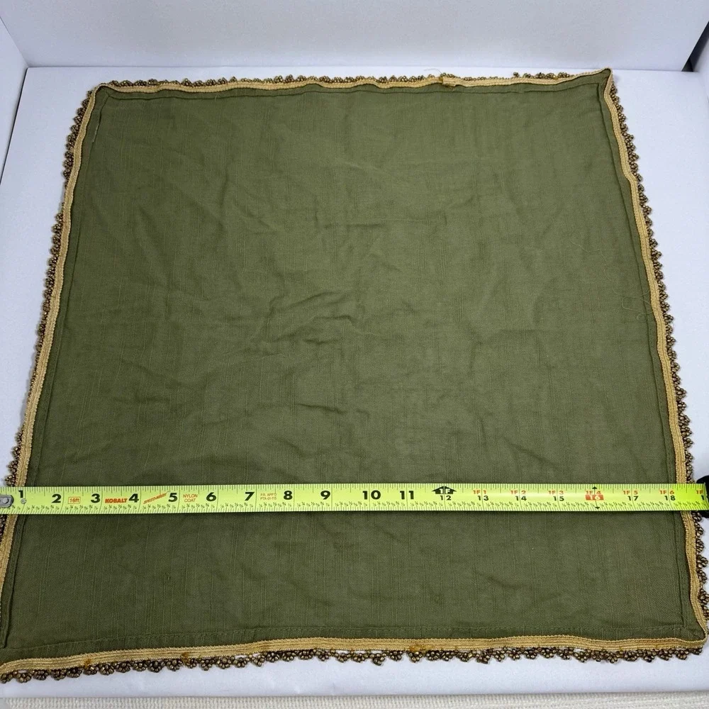 Boho Chic Olive Green Linen Dinner Napkins Antique Gold Glass Seed Bead Trim X5